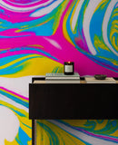 Vibrant Neon Ink Swirl Wallpaper. Abstract Pink, Yellow & Blue Colors.