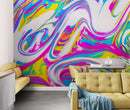 Vibrant Neon Ink Swirl Wallpaper. Abstract Pink, Yellow & Blue Colors.