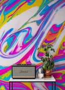 Vibrant Neon Ink Swirl Wallpaper. Abstract Pink, Yellow & Blue Colors.