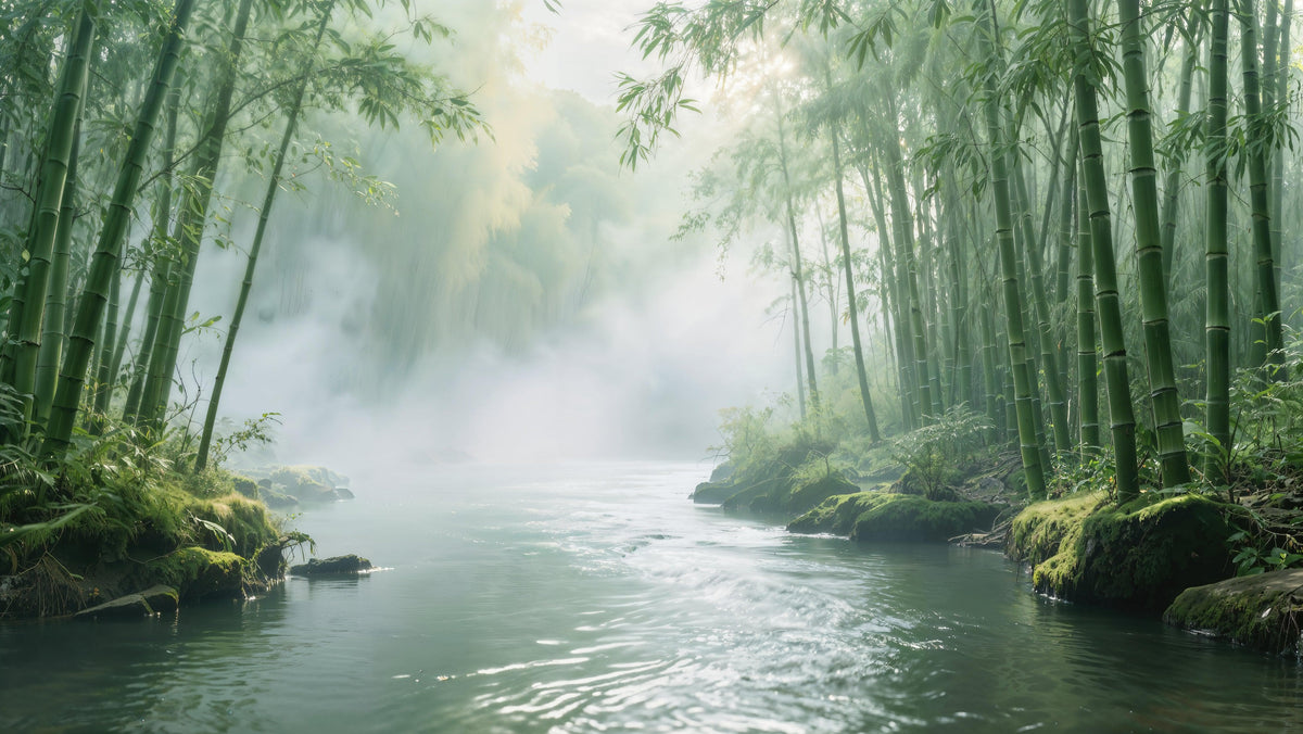 Foggy Bamboo Forest River Wallpaper Mural. #6986, photo 2 of 11
