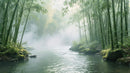 Foggy Bamboo Forest River Wallpaper Mural.
