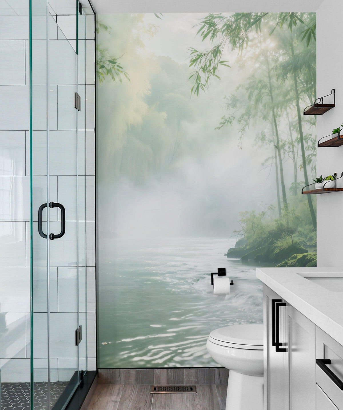 Foggy Bamboo Forest River Wallpaper Mural. #6986, photo 3 of 11