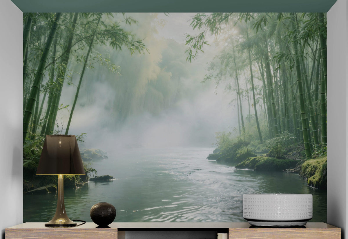 Foggy Bamboo Forest River Wallpaper Mural. #6986, photo 5 of 11