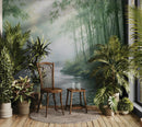 Foggy Bamboo Forest River Wallpaper Mural.