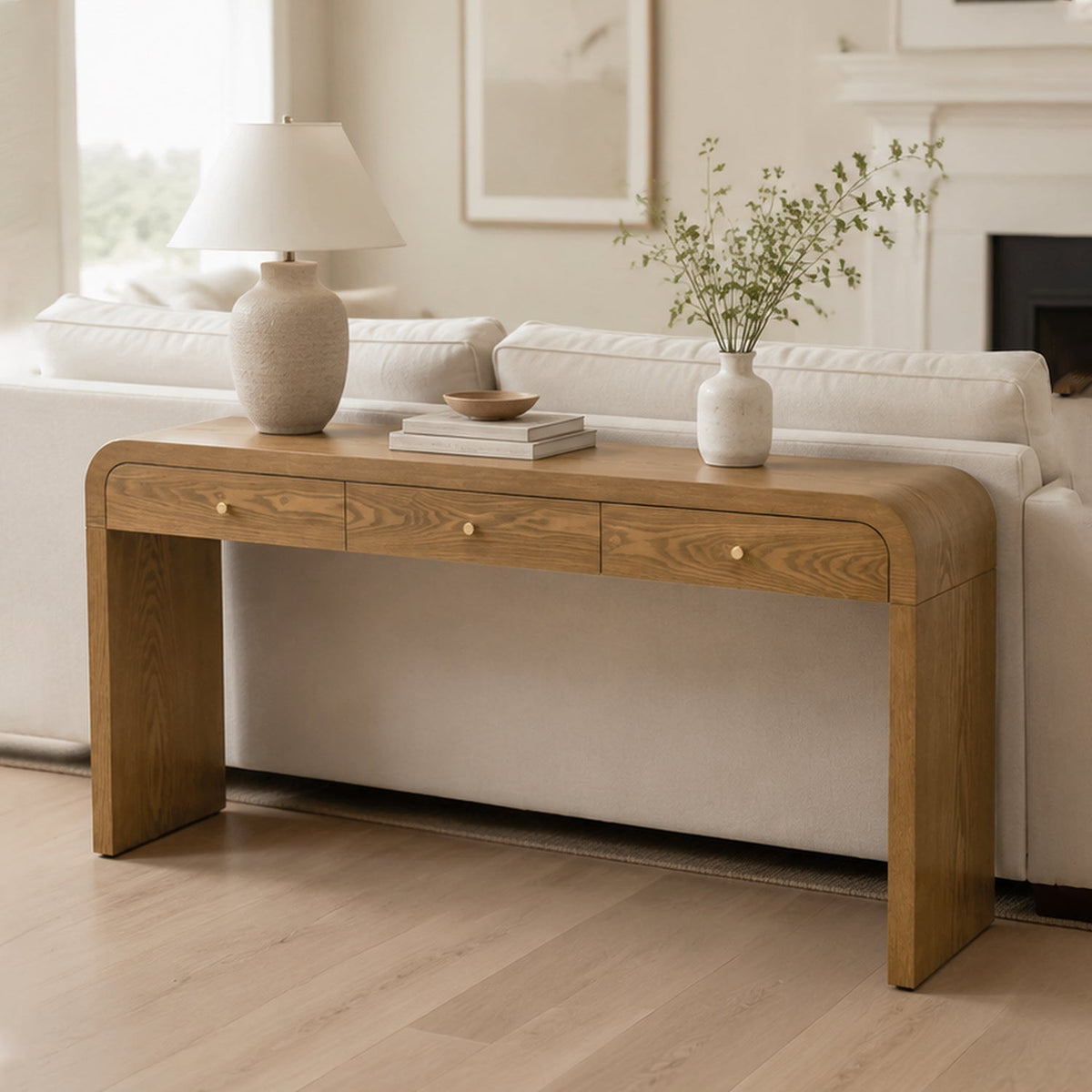 Walnut Curved Design 3-Drawer Long Console Table, photo 3 of 10