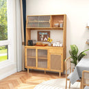 69 Inch Wine Bar Kitchen Cabinet with Sliding Tempered Glass and Rattan Door-Natural by LJGDeals
