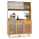 69 Inch Wine Bar Kitchen Cabinet with Sliding Tempered Glass and Rattan Door-Natural by LJGDeals