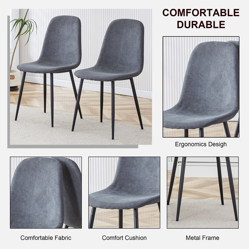 A modern and practical circular dining table. Made of MDF tabletop and wooden MDF table legs. A set of 4 cushioned chairs.