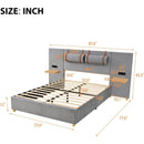 Full size upholstered platform bed with two outlets and USB charging ports on both sides, two bedside pillows, storage shelf, Velvet,Gray