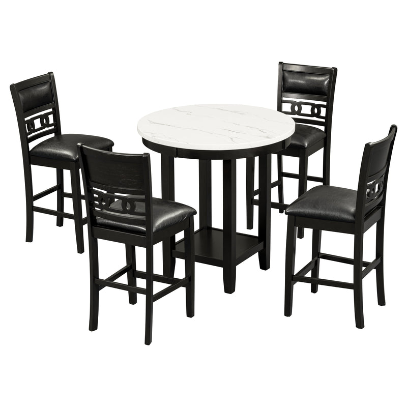 5-piece Counter Height Dining Round Table Set with One Faux Marble Top Dining Table and Four PU-leather Chairs,Dark Espresso