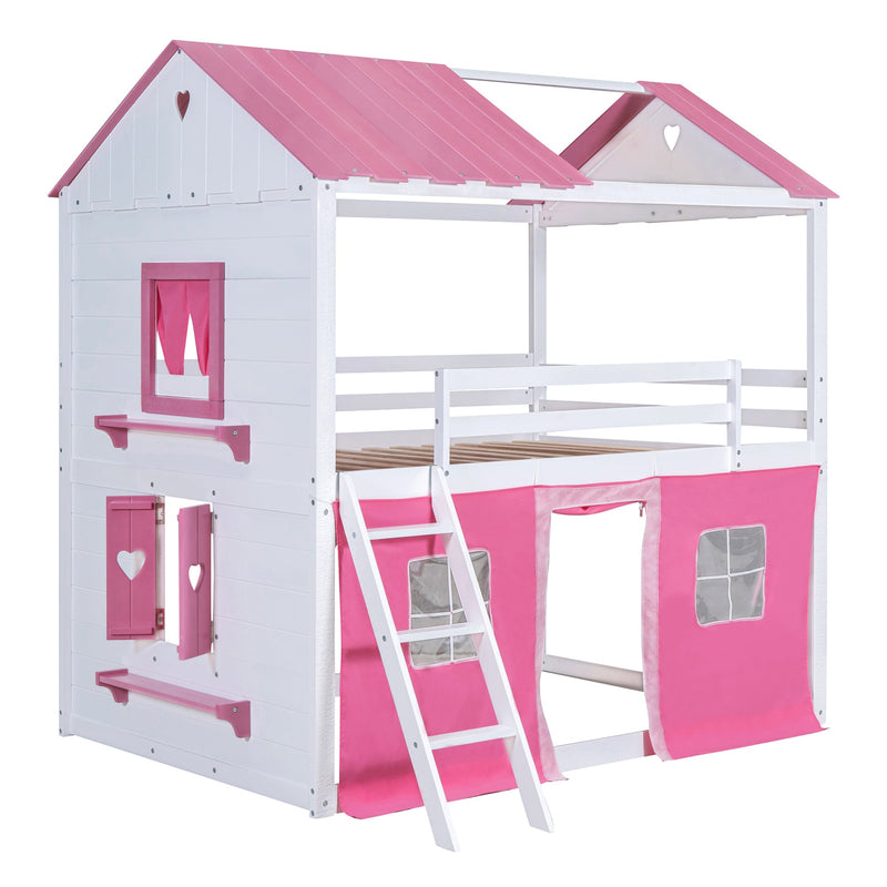 Full Size Bunk Wood House Bed with Elegant Windows, Sills and Tent, Pink+White