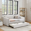 Twin Size Daybed with Trundle Upholstered Sofa Bed, with Vertical Stripes, Linen Fabric, Beige  (82.5'x43'x30')