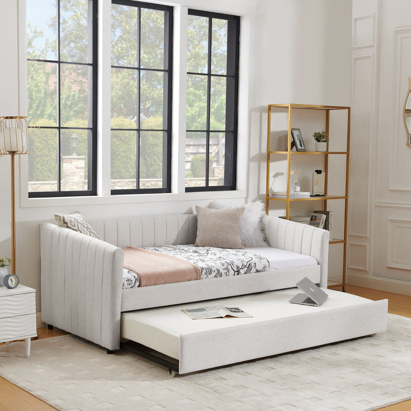 Twin Size Daybed with Trundle Upholstered Sofa Bed, with Vertical Stripes, Linen Fabric, Beige  (82.5'x43'x30')