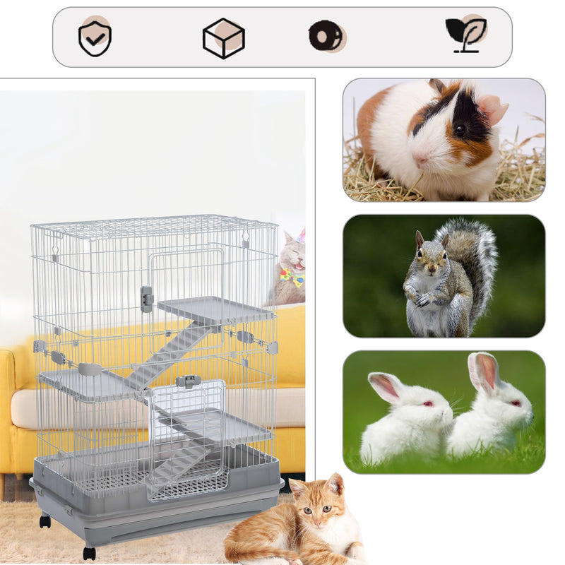 4-Tier 32" Small Animal Metal Cage Height Adjustable with Lockable Casters Grilles Pull-out Tray for Rabbit Chinchilla Ferret Bunny Guinea Pig Squirrel Hedgehog (GREY)