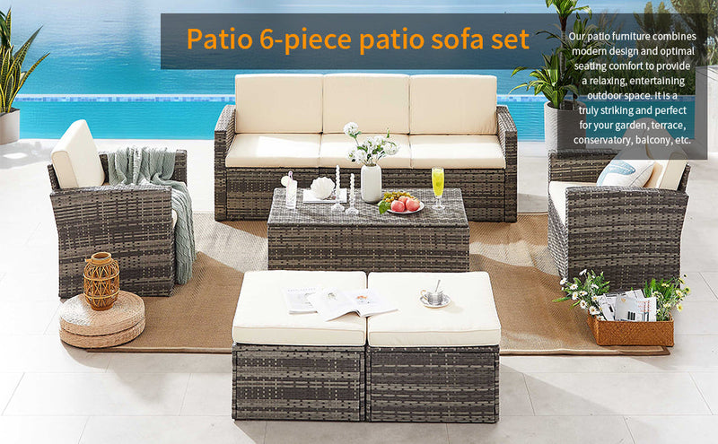 6 Pieces Wicker Patio Furniture Sets Outdoor Conversation Set PE Rattan Sectional Sofa Couch with Storage Table and Navy Blue Anti-Slip Cushions and Waterproof Covers