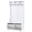 All in One Hall Tree with 3 Top Shelves and 2 Flip Shoe Storage Drawers, Wood Hallway Organizer with Storage Bench and Metal Hanging Hooks, White