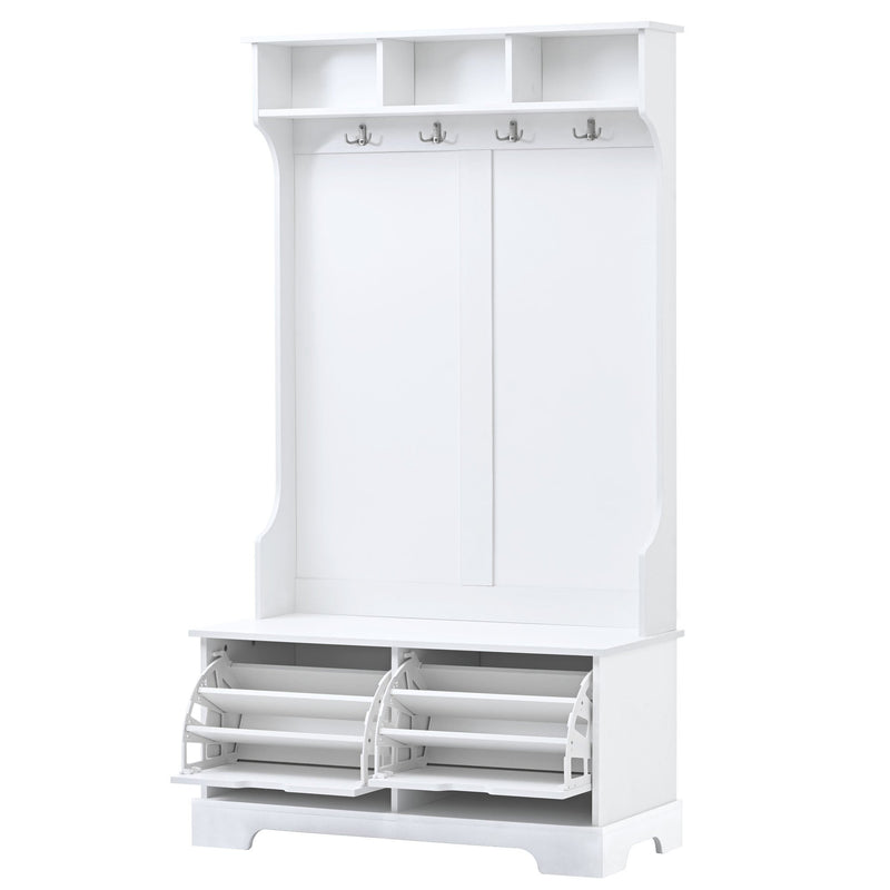 All in One Hall Tree with 3 Top Shelves and 2 Flip Shoe Storage Drawers, Wood Hallway Organizer with Storage Bench and Metal Hanging Hooks, White