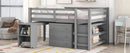 Loft Low Study Bed With Cabinet, Shelves And Rolling Portable Desk, Multiple Functions