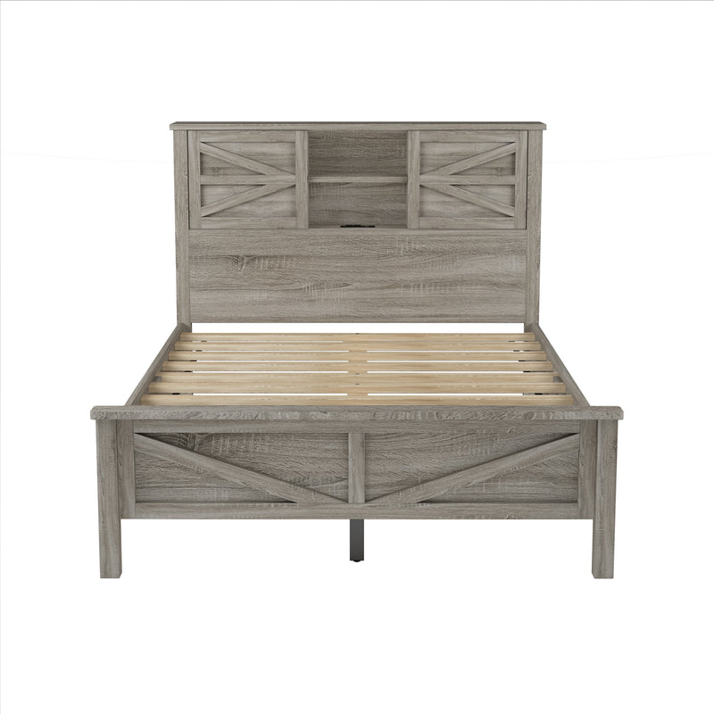 3-Pieces Bedroom Sets Full Size Farmhouse Platform Bed with Double Sliding Door Storage Headboard and Charging Station, Storage Nightstand and Dresser, Antique Gray