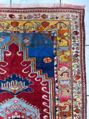 Hand-Knotted Antique Turkish Melas Wool Rug – 4'3" x 5'11" – Vibrant Geometric Motifs