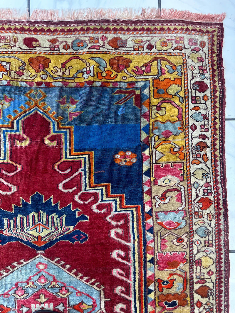 Hand-Knotted Antique Turkish Melas Wool Rug – 4'3" x 5'11" – Vibrant Geometric Motifs