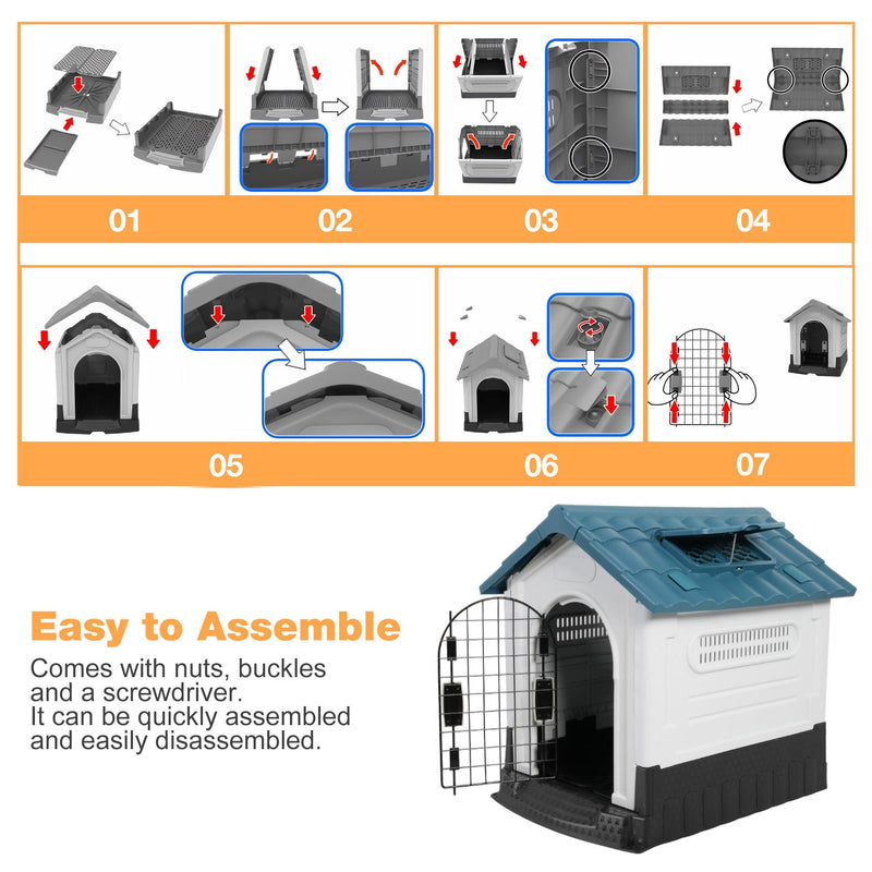 Outdoor Blue Sloped Roof 46.4" Height Large Dog House Plastic Waterproof Kennel with Air Vents