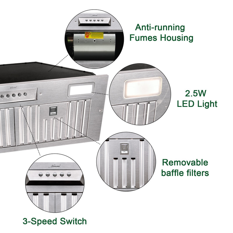 30“ Range Hood Insert, 600 CFM Built-in Stainless Steel Kitchen Hood with LED Lights - NX-HOOD-30