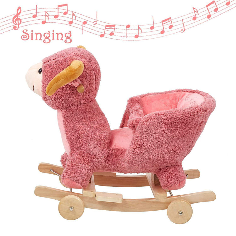 Toddler Rocking Horse Wooden Plush Rocking Chair 2 in 1 Rocker and Stroller Kids Ride On Toys, Pink Sheep