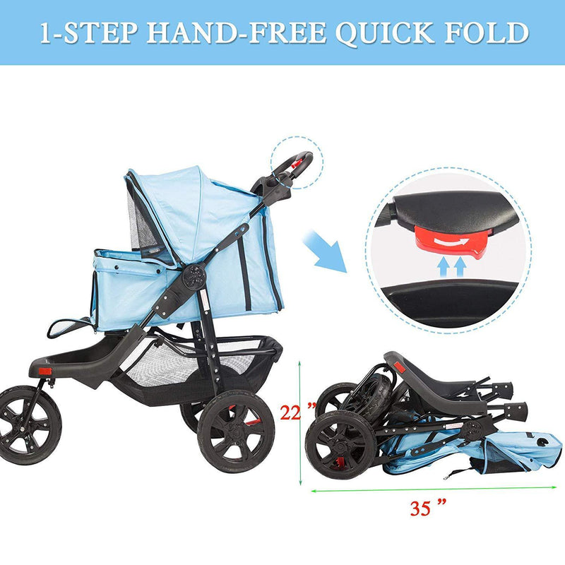 3-Wheels pet Stroller, Foldable Jogger Pet Stroller with Storage Basket, Blue