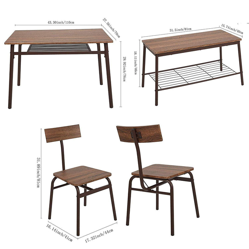 Kitchen Table and Chairs for 6 Dining Table Industrial Wooden Dinette Set w/ Storage Racks Bench, Brown