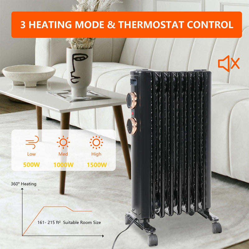 1500W Portable Electric Radiator Oil Filled Heater With 3 Heating Modes, Adjustable Thermostat, Black