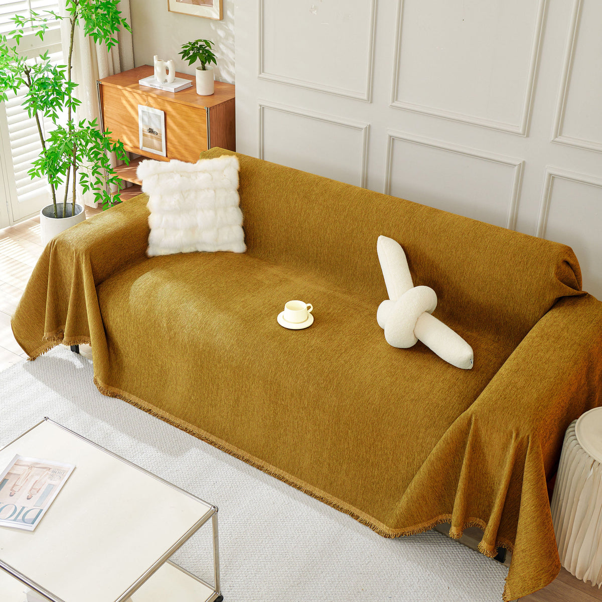 Solid Color Chenille Sofa Throw Blanket, Modern Decor Soft Couch Cover with Fringes, photo 3 of 42