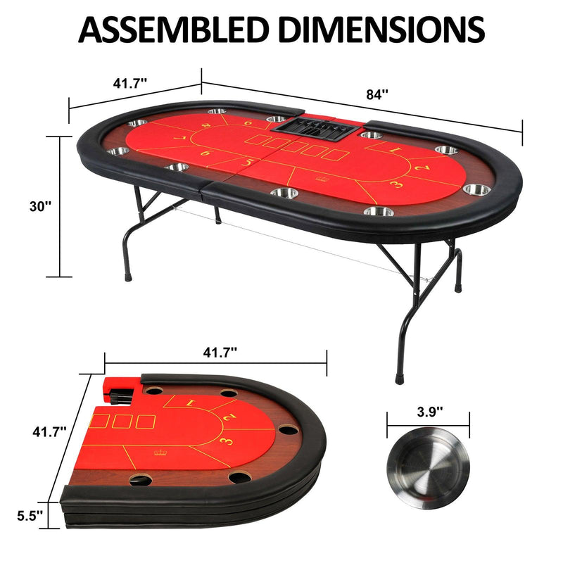 10 Players Foldable Poker Texas Holdem Table with Stainless Steel Cup Holders Padded Rails, Red