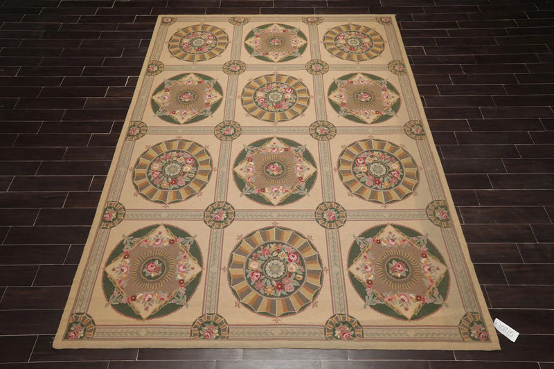 9x12 Beige Hand Hooked 100% Wool Traditional French Aubusson Oriental Area Rug