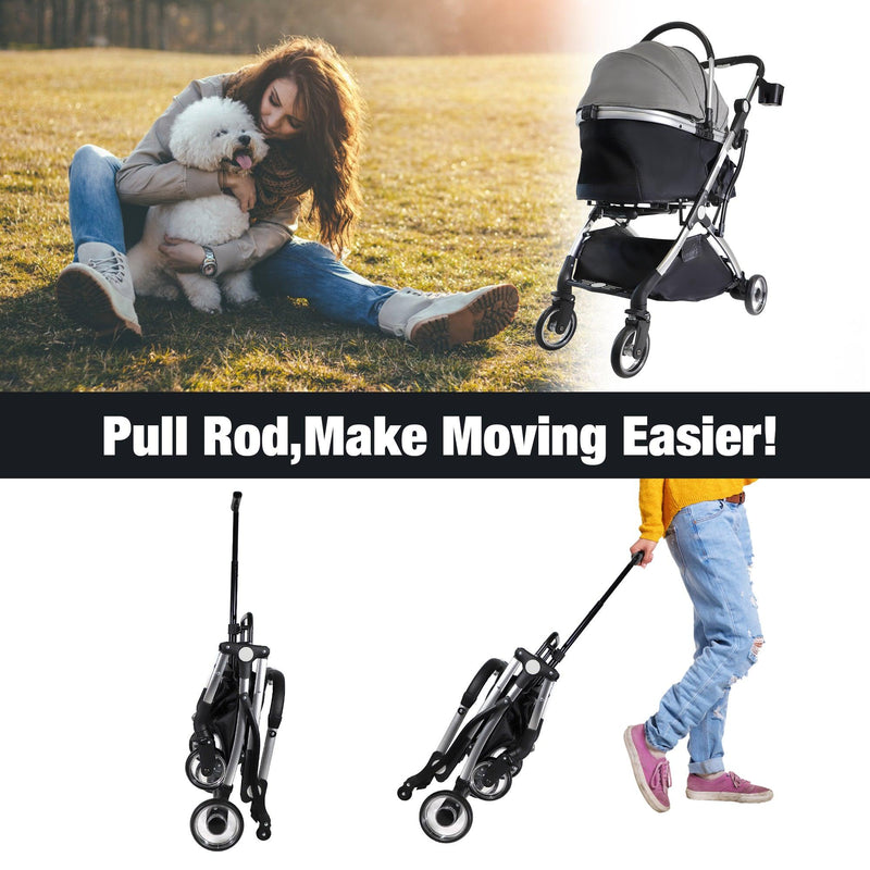 Foldable Pet Stroller 3 in 1 Design Detachable Carrier Telescopic Handle Aluminum Alloy Frame Up to 33 lbs Capacity, Gray