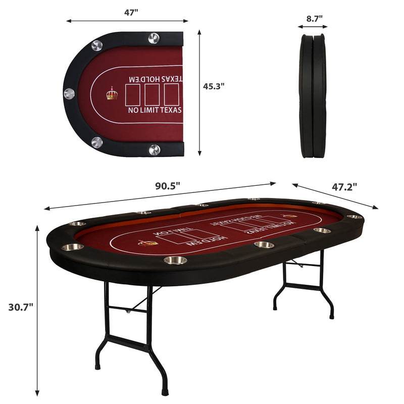 Upgraded 10 Players Foldable 90.5" Casino Poker Table Card Game Table with Metal Frame and 10 Cup Holders, Red