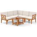 6 Pieces Acacia Wood Patio Furniture Set with Cushions and 2-Tier Coffee Table-White by LJGDeals
