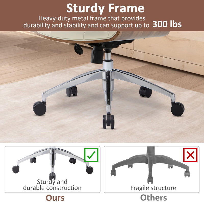 Executive Office Chair with Adjustable Height and Tilt, Solid Wood Arms and Base, 360° Swivel - Leather Office Chair, White