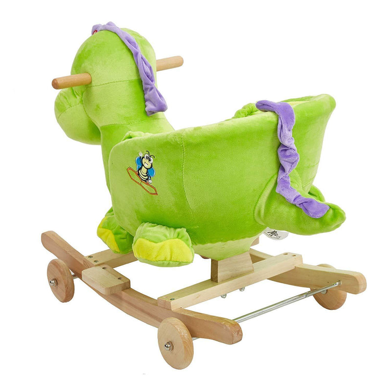 Rocking Horse Toys Baby 2-in-1 Wooden Plush Rocker Seat Ride-On Stroller with Seat Belt, Green Dinosaur