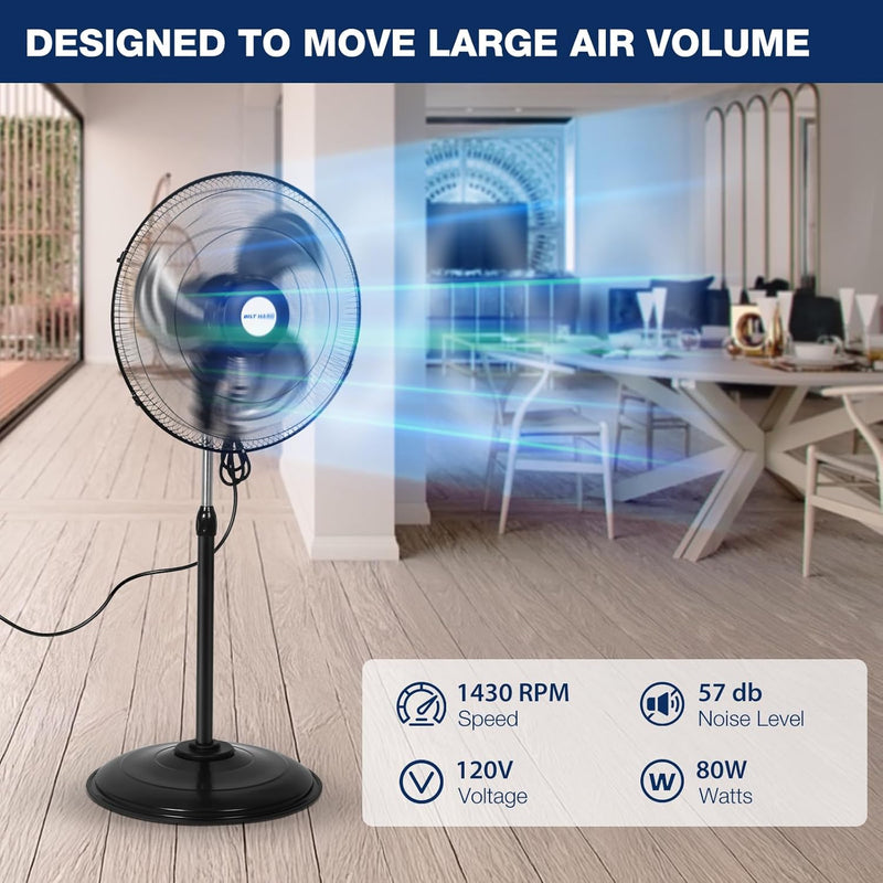 BILT HARD 18" 3900 CFM Oscillating Pedestal Fan: High Velocity, 3-Speed Metal Shop Fan, UL Listed