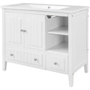 36" Bathroom Vanity with Ceramic Basin, Bathroom Storage Cabinet with Two Doors and Drawers, Solid Frame, Metal Handles, White