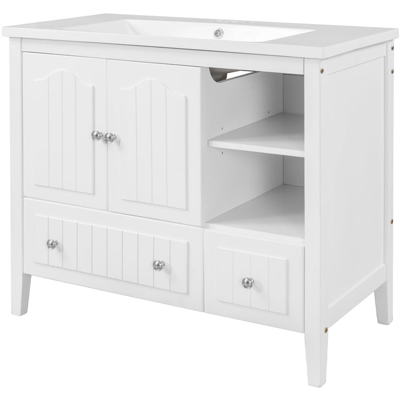 36" Bathroom Vanity with Ceramic Basin, Bathroom Storage Cabinet with Two Doors and Drawers, Solid Frame, Metal Handles, White