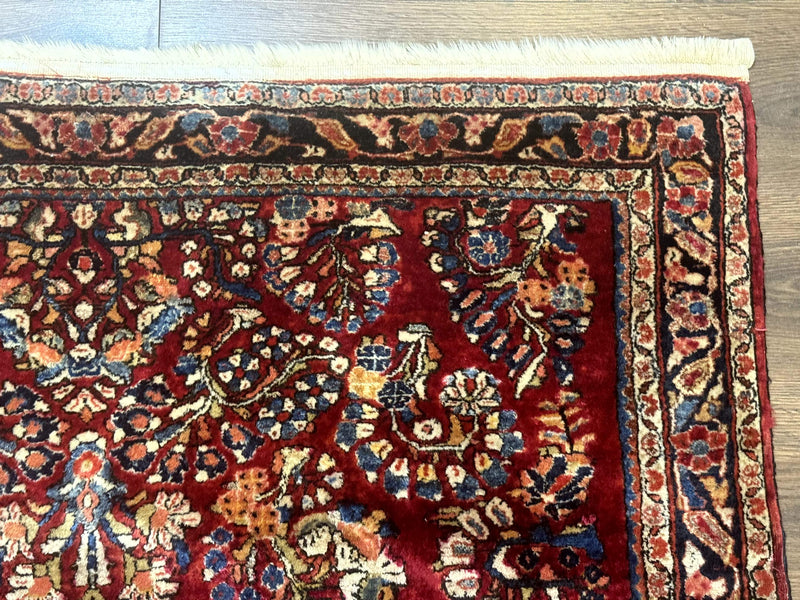 Antique Persian Sarouk Rug 4x6, Floral, Red, Wool Hand Knotted Fine 225 KPSI