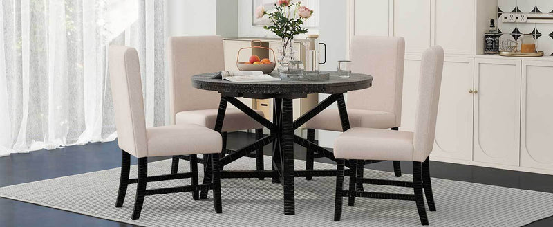 5-Piece Retro Functional Dining Set with Extendable Round Table with Removable Middle Leaf and 4 Upholstered Chairs for Dining Room and Living Room (Black)