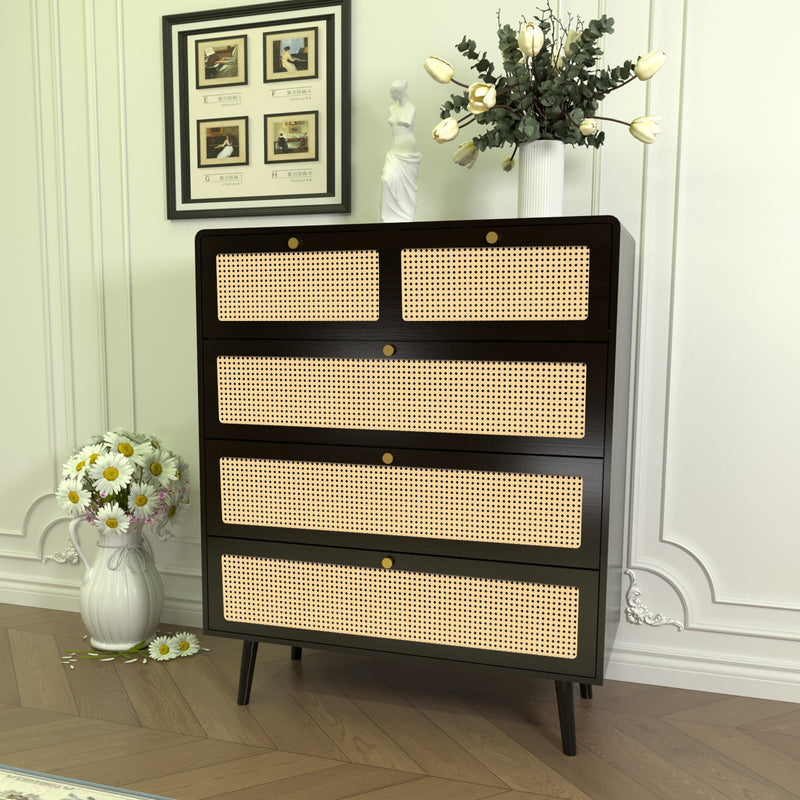 4 Drawer Dresser, Modern Rattan Dresser Chest with Wide Drawers and Metal Handles, Farmhouse Wood Storage Chest of Drawers for Bedroom, Living Room, Hallway, Entryway