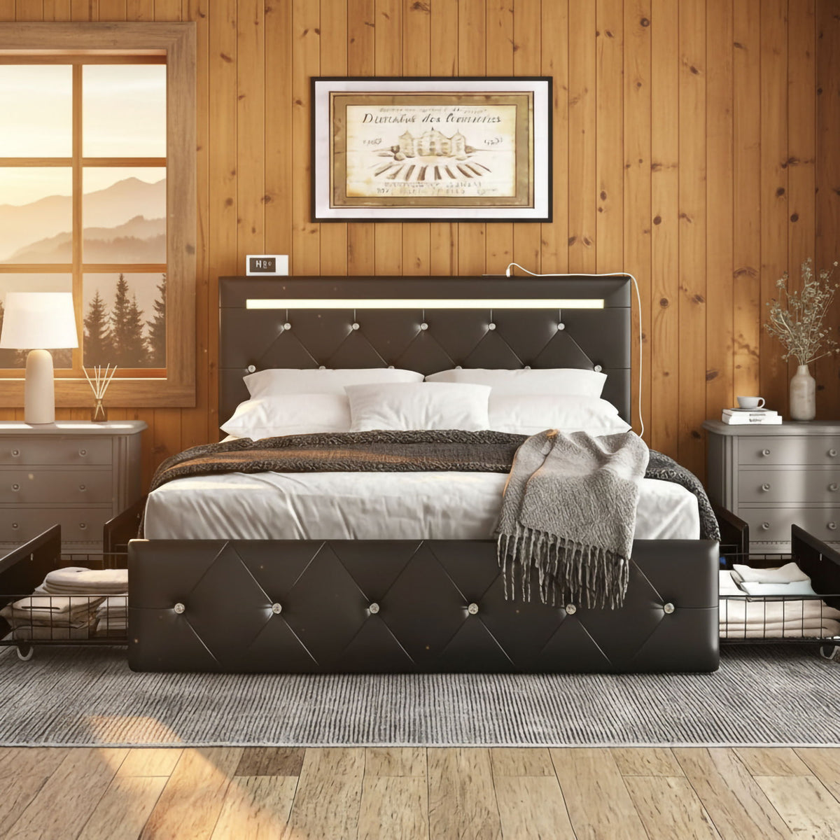 Upholstered Bed Frame With LED Lights, 4 Storage Drawers, Charging Station, photo 15 of 31