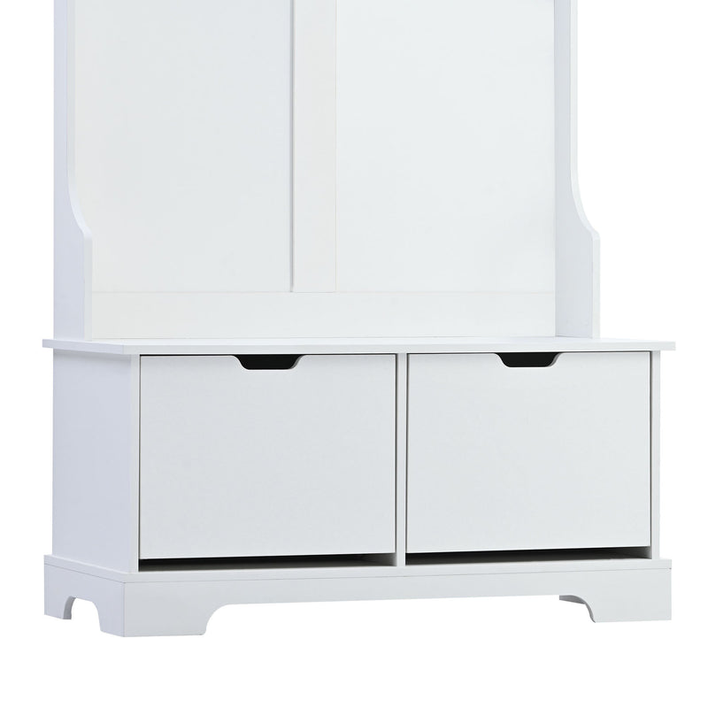 All in One Hall Tree with 3 Top Shelves and 2 Flip Shoe Storage Drawers, Wood Hallway Organizer with Storage Bench and Metal Hanging Hooks, White