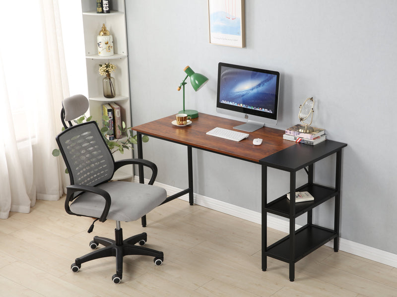 55-inch oversized computer desk, small study desk with wooden storage shelf, 2-layer industrial modern laptop desk with splicing board, (black and Rustic Brown)