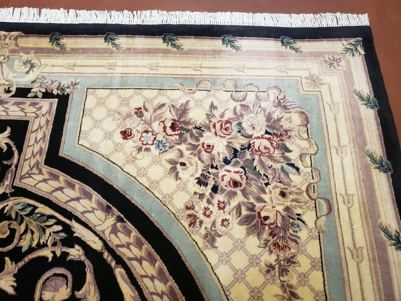 8x10 Aubusson Rug, Fine Hand Knotted Wool Carpet, French European Design, Black & Ivory