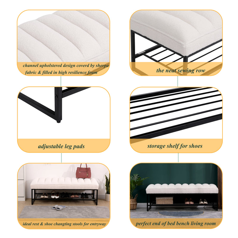 Walker Edison | Shoe Rack Bench with White Sherpa Cushion